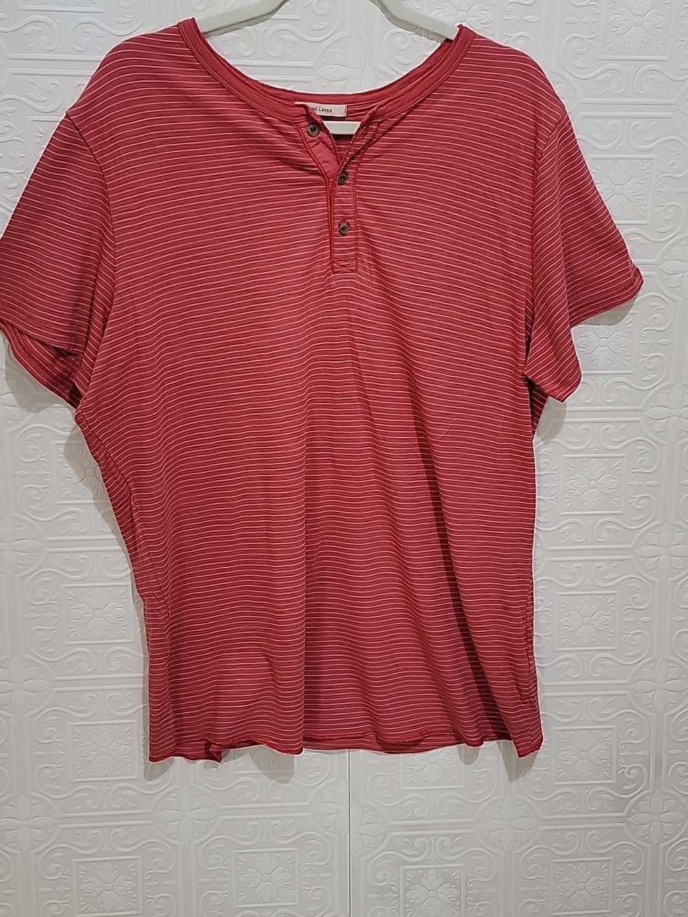 Marine Layer Baked Apple Red & White Striped Short Sleeve Henley Shirt, Mens L